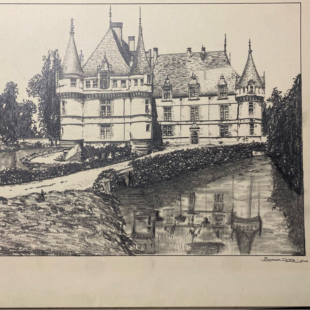 Gorgeous Hand sketched French pencil drawing of Chateau de Cheronceau.  1940’s.
